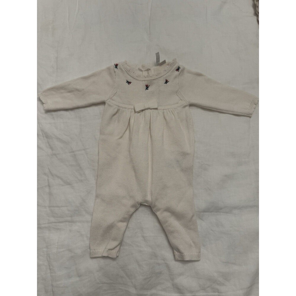 Janie and Jack Ivory Knit Floral Romper 0-3 Months Long Sleeve Bow Embroidered